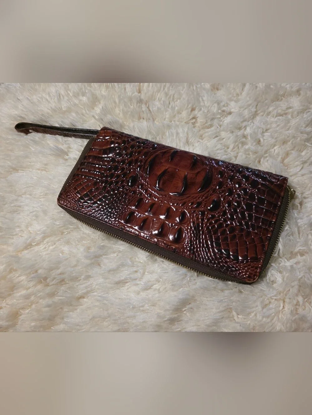 BRAHMIN Skyler Crocodile-Embossed Zip Wallet Wristlet - Pecan Melbourne